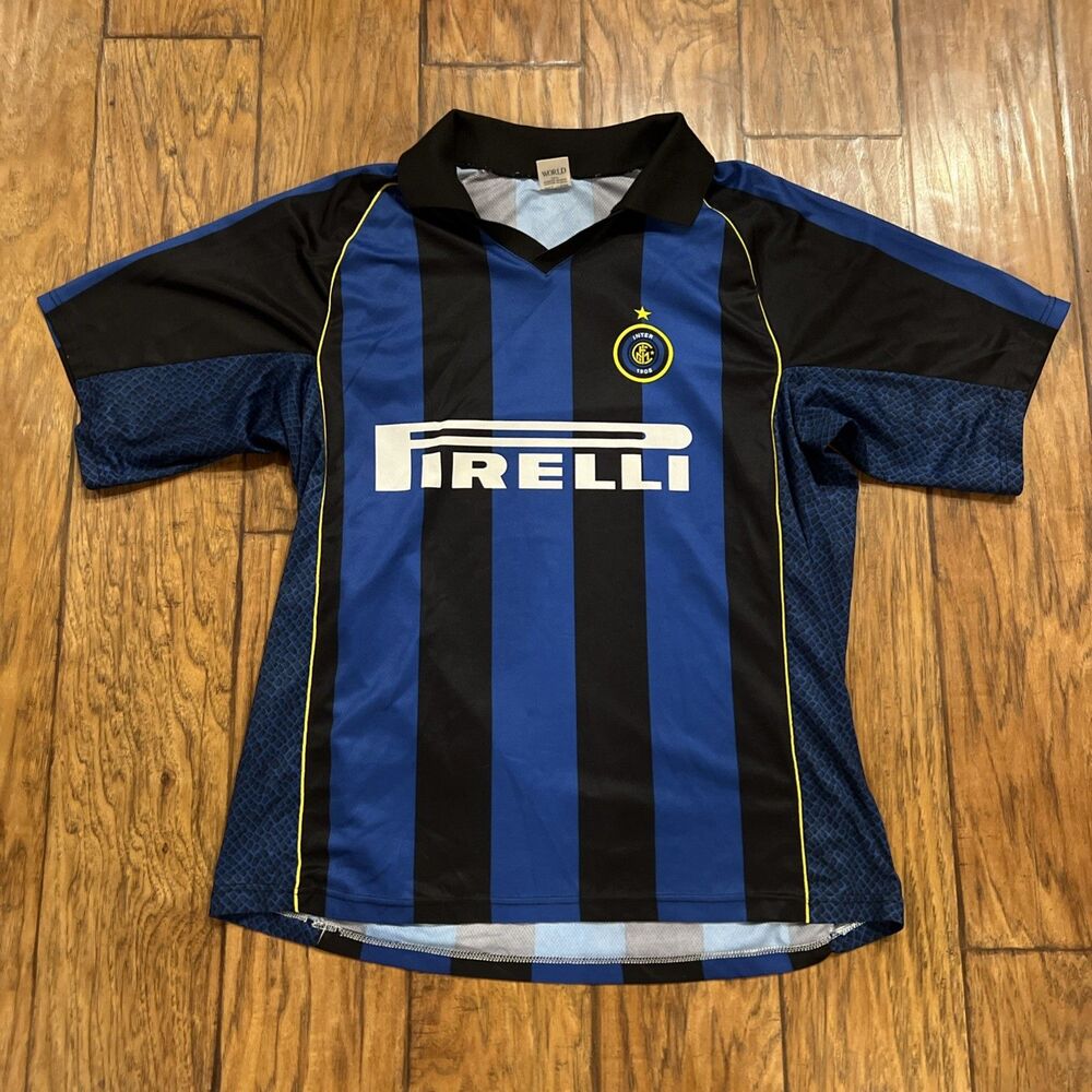Vintage 2001 Inter 1908 Milan Pirelli Soccer Jersey Blue Black FC Vieri #32 XL